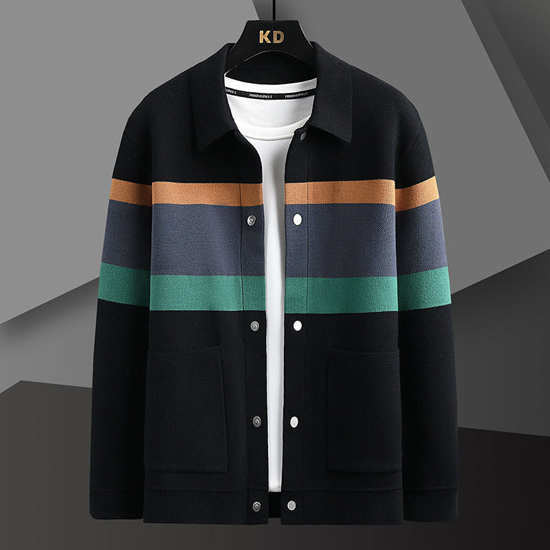 Men's Fall Lapels Color Matching Cardigan Sweater Coat - Minihomy