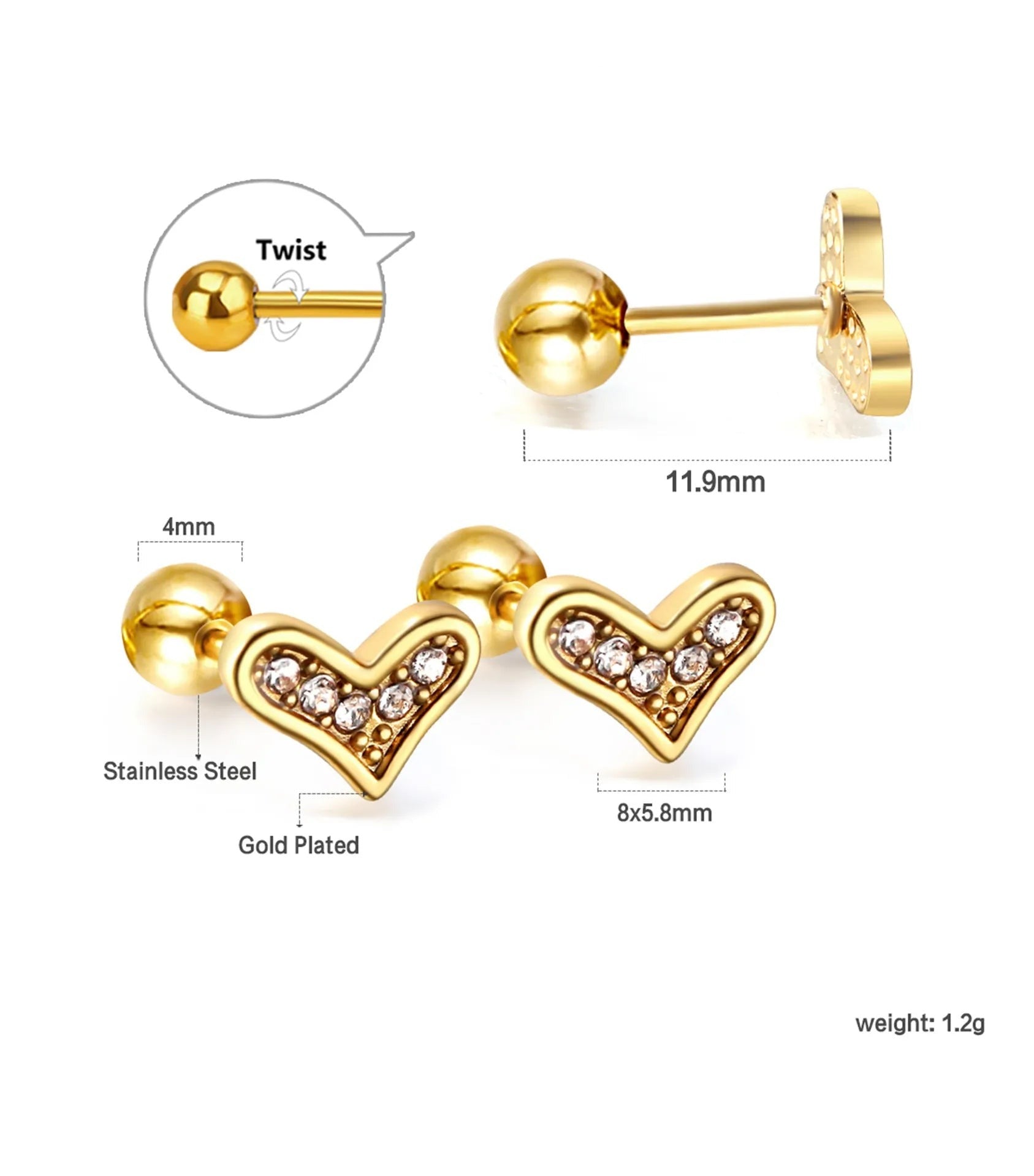 Love Heart Stud Earrings Stainless Steel Hollow Jeweled Earrings - Minihomy