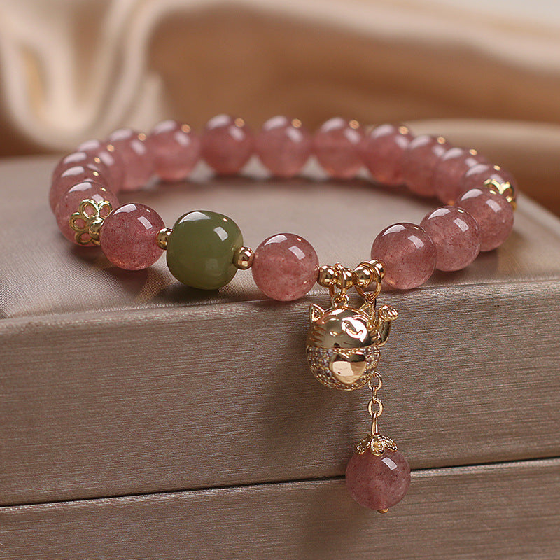 Natural Strawberry Quartz Lucky Cat Beaded Bracelet - Minihomy