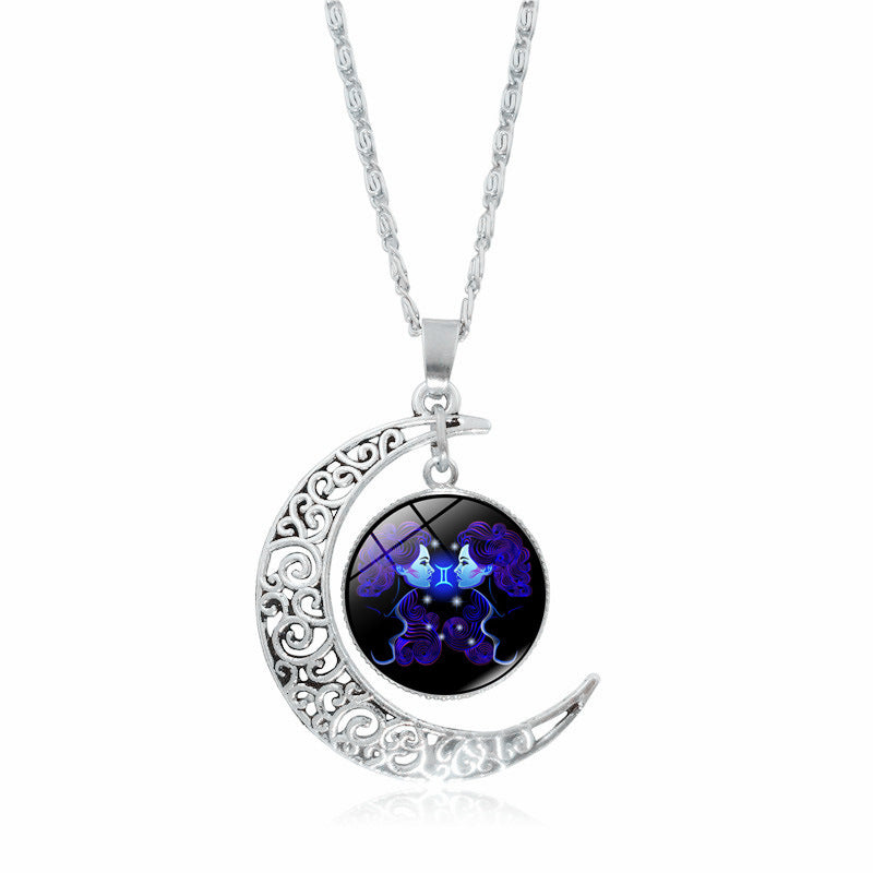 12 constellation time gemstone half moon pendant necklace - Minihomy