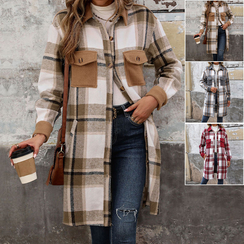 Women's Brushed Plaid Long Winter Coat with Pockets