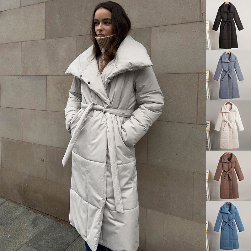 Women's Warm Winter Coat - Long Lapel, Cotton, Pockets, Lace-up