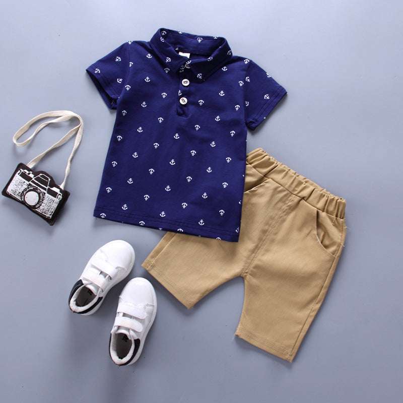 Anchor printed boy suit short sleeve spring summer children's wear - Minihomy