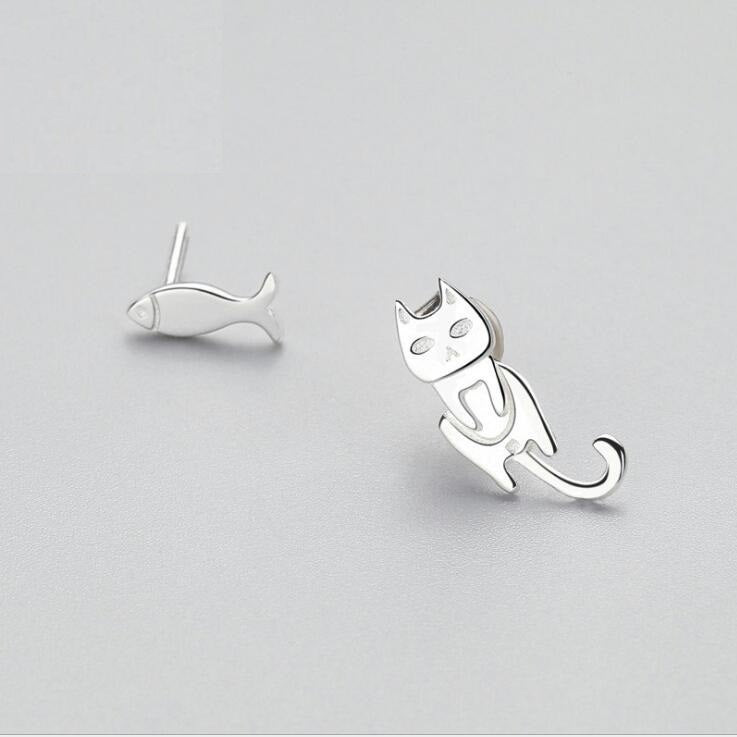 Fashion Asymmetry 925 Sterling Silver Stud Earrings Animal Fish Cat Stud Earrings for Women Personality Jewelry Gifts - Minihomy