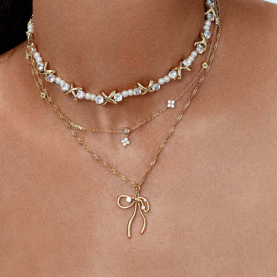 Niche Bone Chain Bow Zircon Sweet Necklace Copper-plated Gold - Minihomy