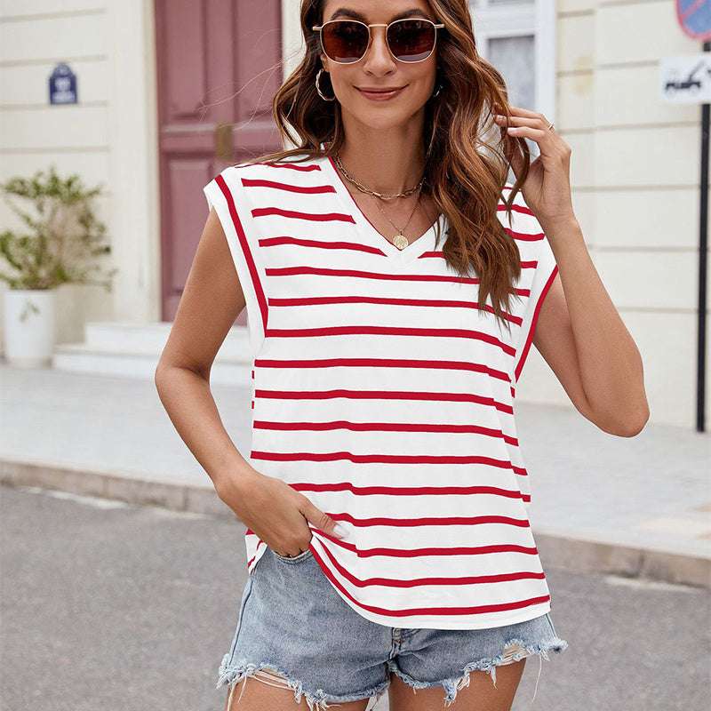 Fashion Stripe Print V-neck Short-sleeved T-Shirt Summer Loose Tank Top Womens Clothing - Minihomy