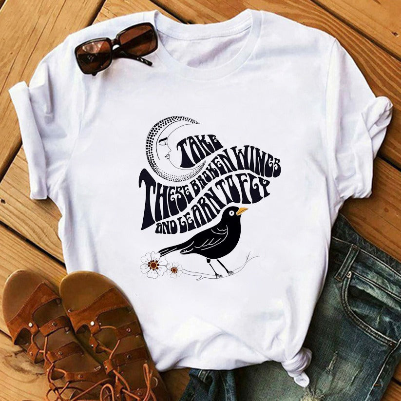 Funny Mushroom Print T-shirt Casual Round Neck Short Sleeves Printed Pullover Women - Minihomy