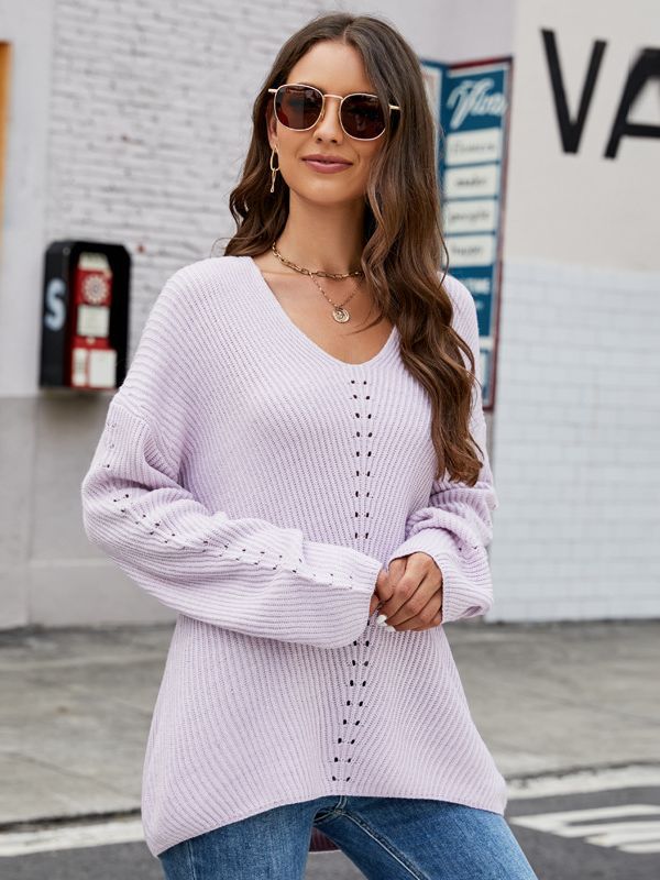 Long Sleeve Sweater With Pocket Solid Color V-neck Pullover Knitwear Women Tops - Minihomy