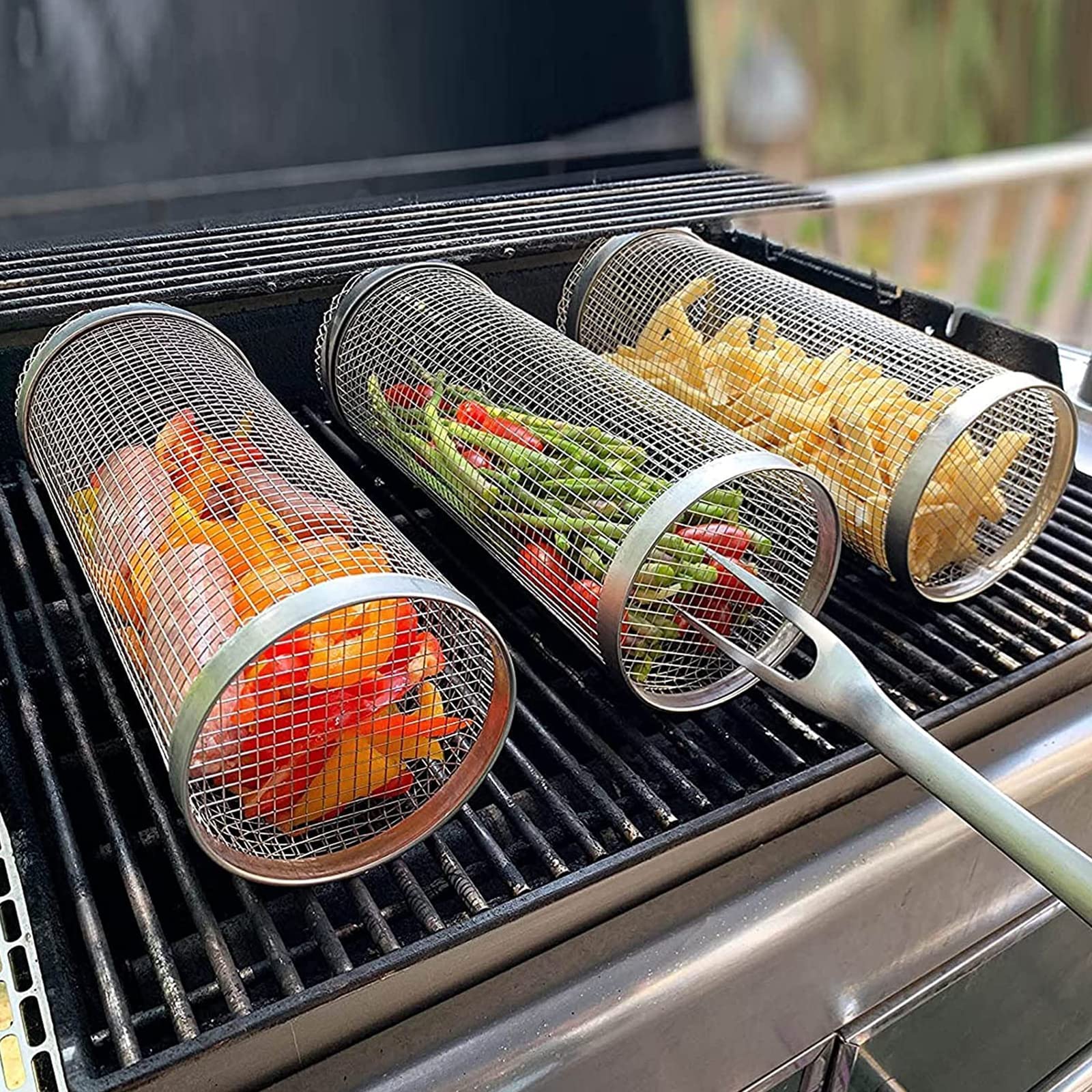 Portable Rolling Grilling Basket - Metal BBQ Barbecue Basket Net - Minihomy