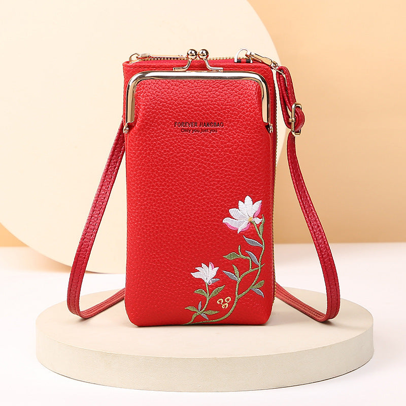 Flower Embroidery Phone Bag With Lock Buckle Outdoor Long Wallet Fashion Shoulder And Crossbody Bags - Minihomy