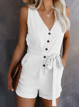 Women Playsuit Summer V Neck Sleeveless Button Belt Bow Casual Jumpsuit