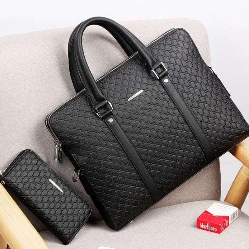 Men bag handbag leather business briefcase embossed letters - Minihomy