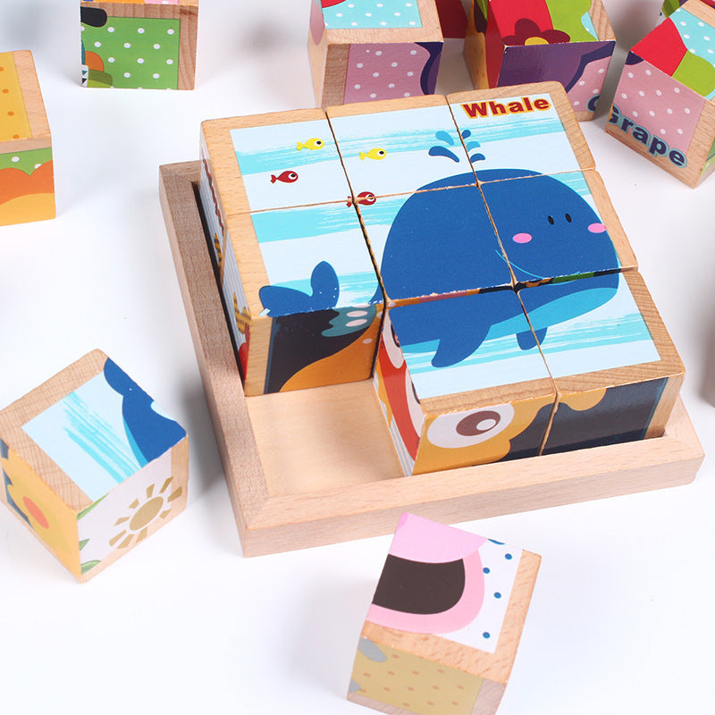 High-grade Six-face Picture Wooden Jigsaw 3D Puzzle Toys Children's Early Educational Toy Cube Jigsaw Puzzle Baby Kids Gifts - Minihomy