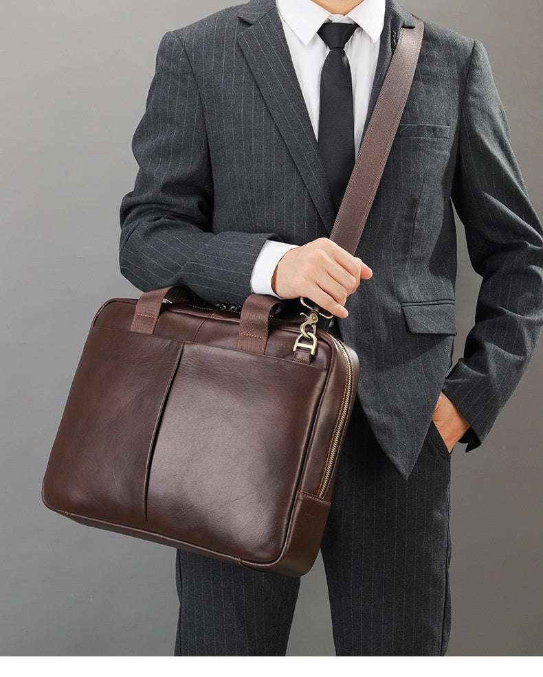 Large Leather Briefcase for Men - Horizontal Cowhide Computer Bag - Minihomy