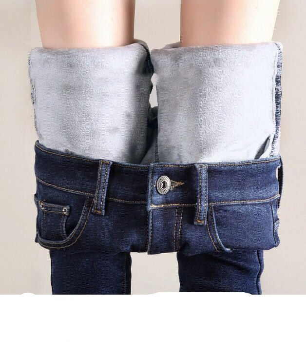 Thermal Winter Snow Warm Plush Stretch Jeans Lady Skinny Thicken Fleece Denim Long Pants Retro Blue Pencil Trousers