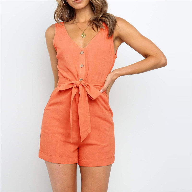 Buttoned V-neck off-shoulder jumpsuit - Minihomy