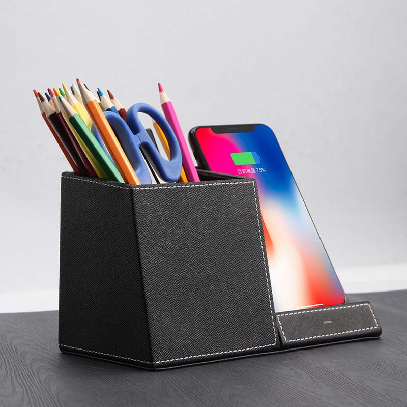 Boost Your Productivity in Style: 3-in-1 Leather Pen Holder & Wireless Charger! - Minihomy