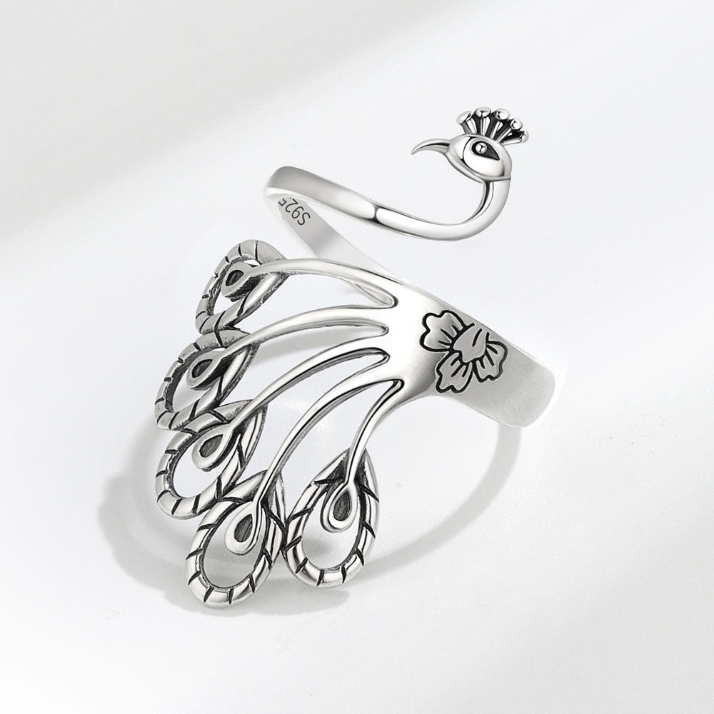 Creative Retro Peacock Sterling Silver Wide Face Ring - Minihomy