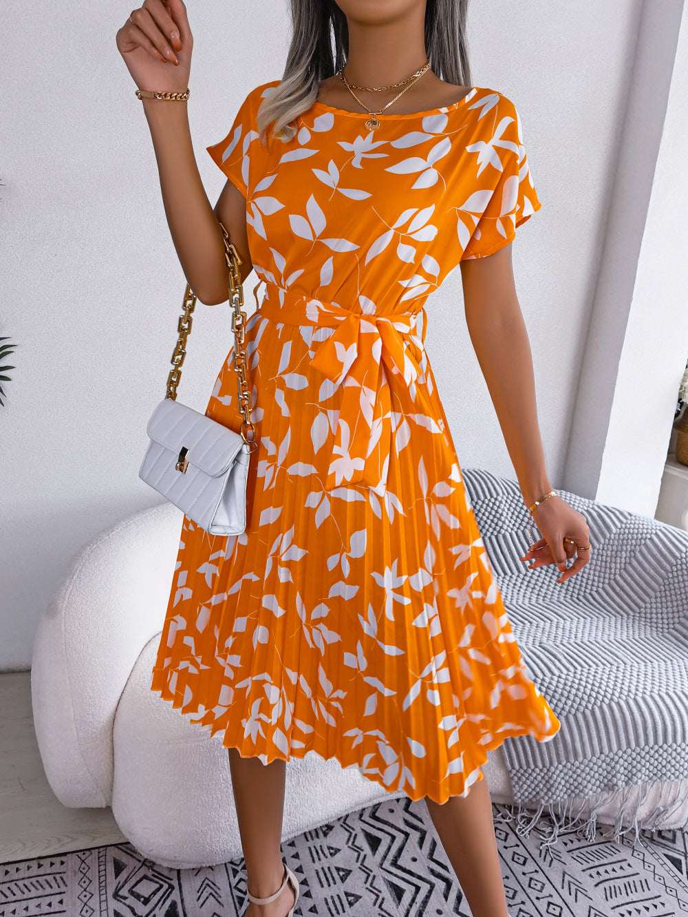 Leaf Print Dress Women Short Sleeve Lace-up Skirt Summer Beach Dress - Minihomy