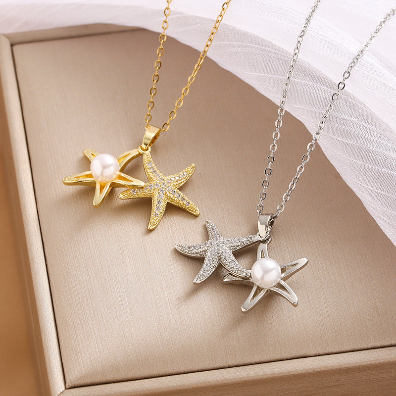 Full Rhinestone Zircon Sea Summer Star Pearl Pendant Titanium Steel Clavicle Chain - Minihomy