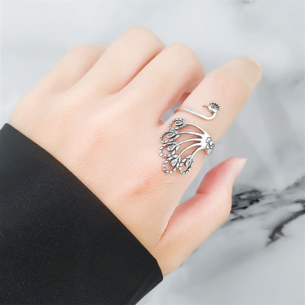 Creative Retro Peacock Sterling Silver Wide Face Ring - Minihomy