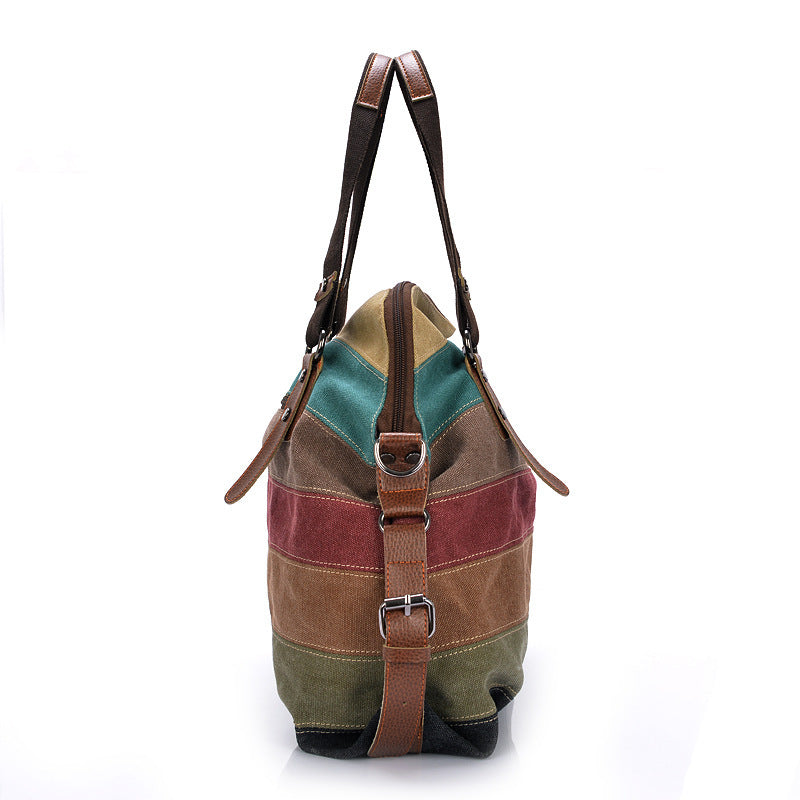 KVKY Brand Fashion Canvas Bag Brand Women Handbag Classic Patchwork Casual Female Shoulder Bags Striped Rainbow Purse Pouch - Minihomy