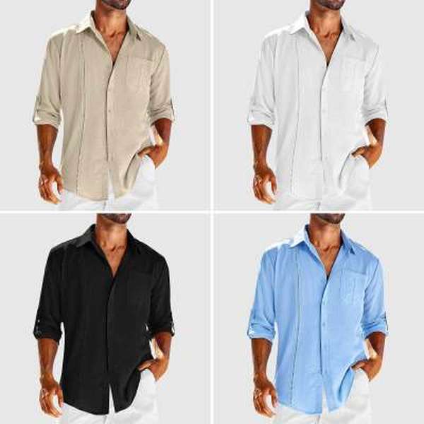 Casual  Long Sleeve Shirt With Pocket Lace Polo Collar Solid Color Button Mens Clothing - Minihomy