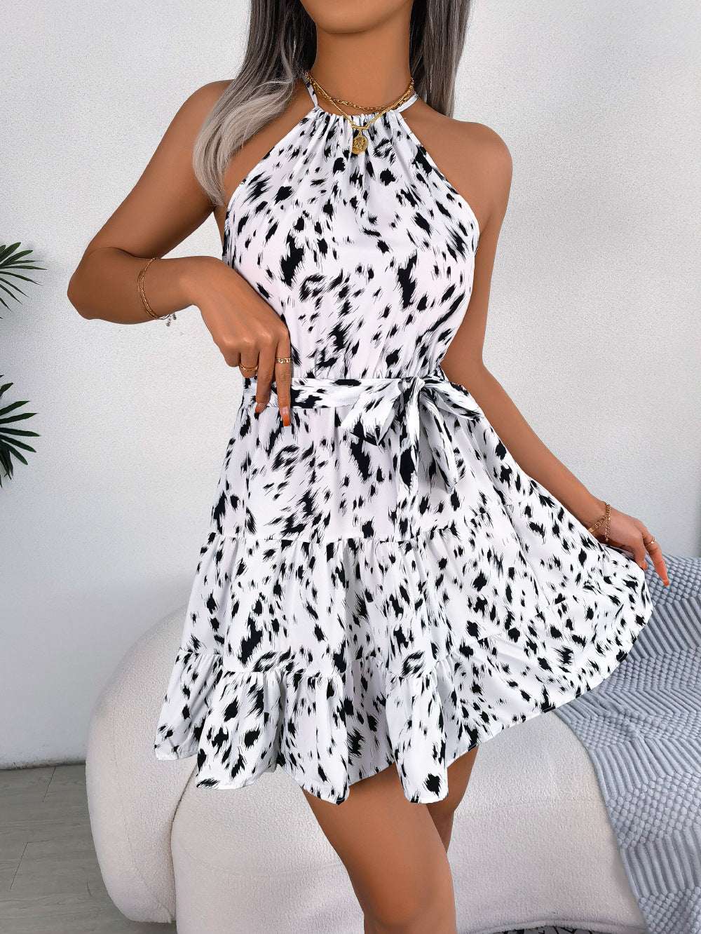 Casual Leopard Print Ruffled Swing Dress Summer Fashion Beach Dresses Women - Minihomy