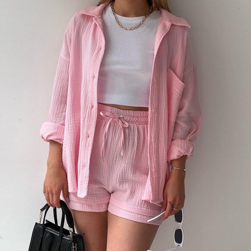 Long Sleeve Shirt and High Waist Drawstring Shorts Set - Minihomy