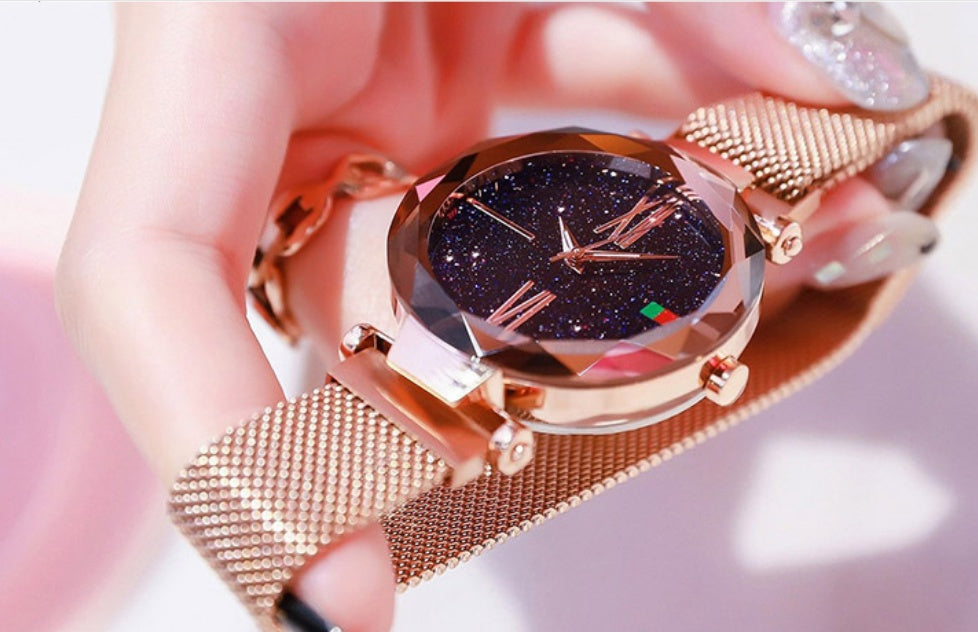 Luxury Women Watches Mesh Ladies Clock Magnet Buckle Starry Diamond Geometric Surface Quartz Wristwatch - Minihomy