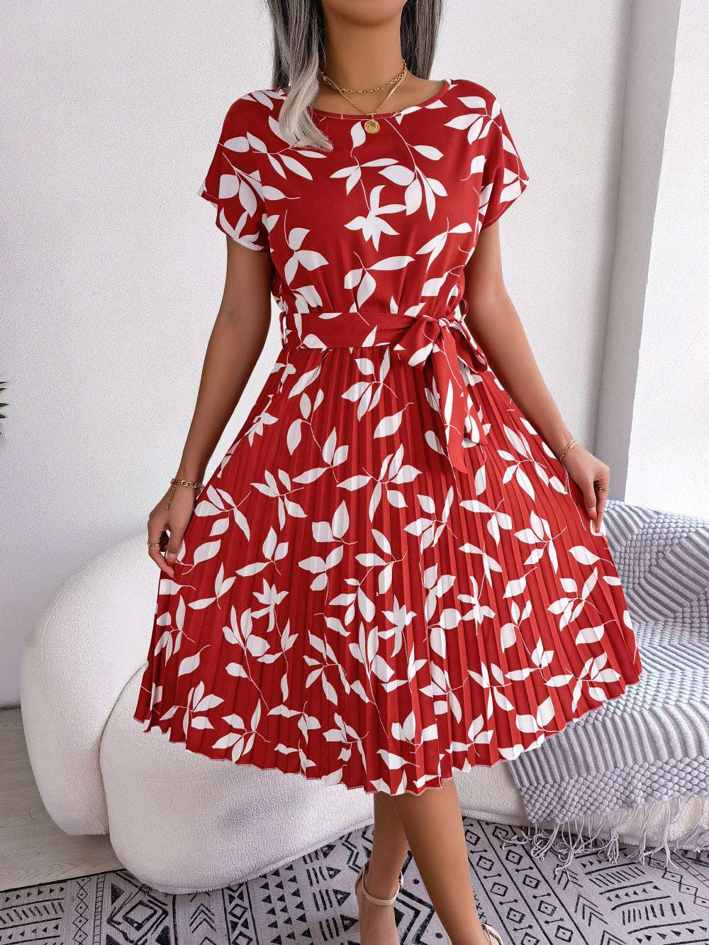 Leaf Print Dress Women Short Sleeve Lace-up Skirt Summer Beach Dress - Minihomy