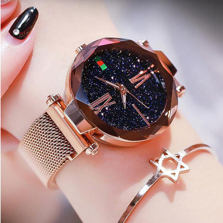 Luxury Women Watches Mesh Ladies Clock Magnet Buckle Starry Diamond Geometric Surface Quartz Wristwatch - Minihomy