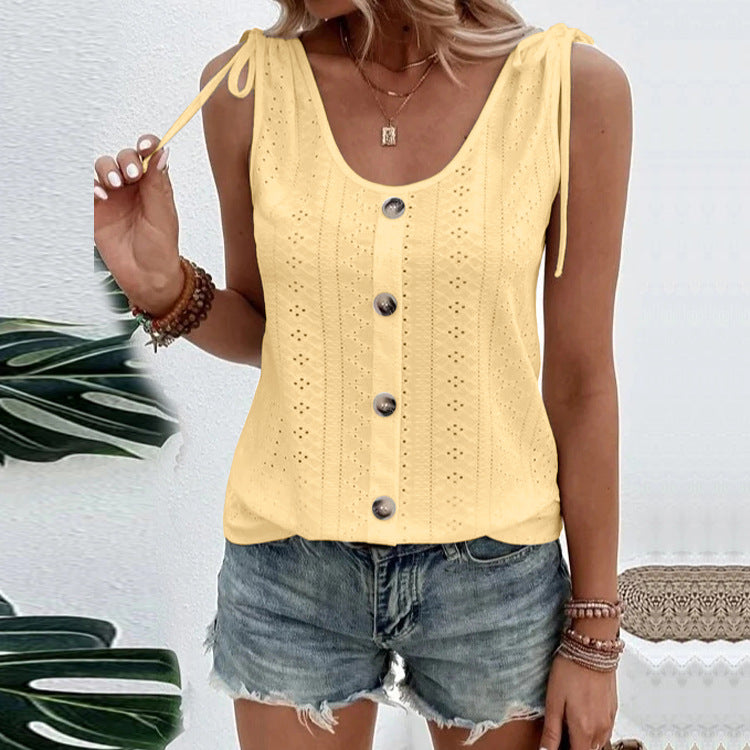 Casual Solid Color U-neck Vest Women Shoulder With Bow Tie Tops Summer T-shirt - Minihomy