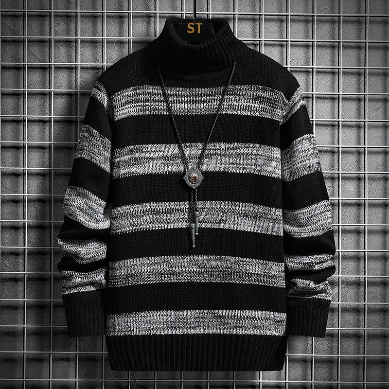 High-neck Men's Autumn And Winter Long-sleeved Trendy Slim Striped Sweater - Minihomy