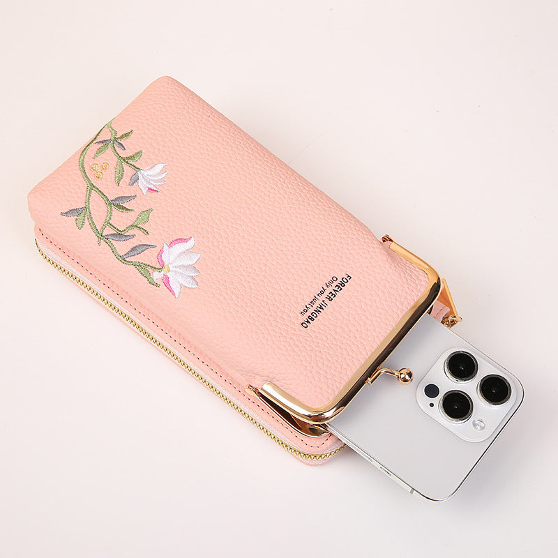 Flower Embroidery Phone Bag With Lock Buckle Outdoor Long Wallet Fashion Shoulder And Crossbody Bags - Minihomy