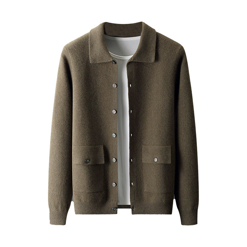 Men's Polo Collar Solid Color Wool Cardigan Autumn Winter Retro Pocket Thick Coat - Minihomy