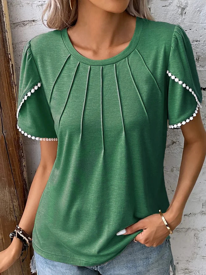 Summer Round Neck Tassel Tulip Sleeve T-shirt Casual Top For Women