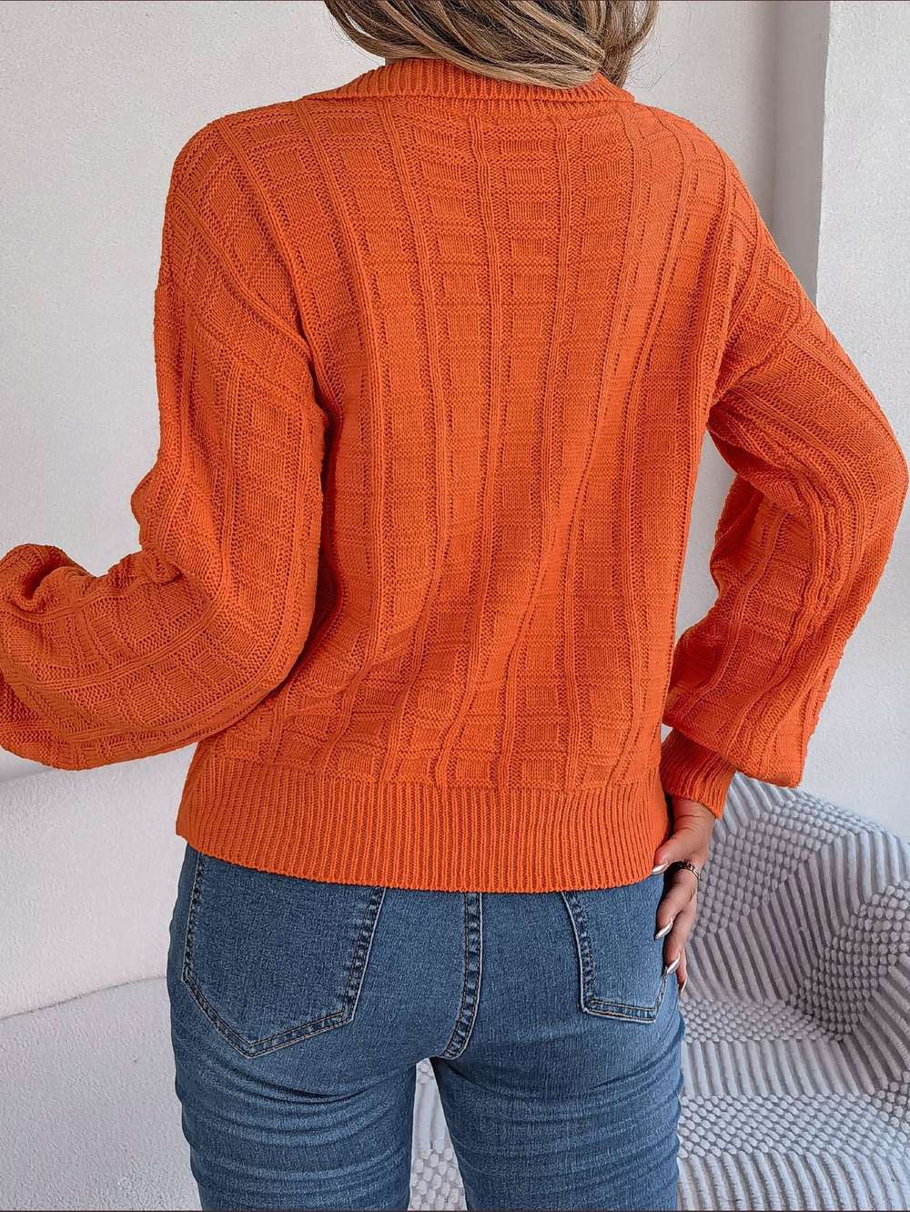 Casual Polo Collar Solid Color Plaid Long Sleeve Knitted Pullover Sweater - Minihomy