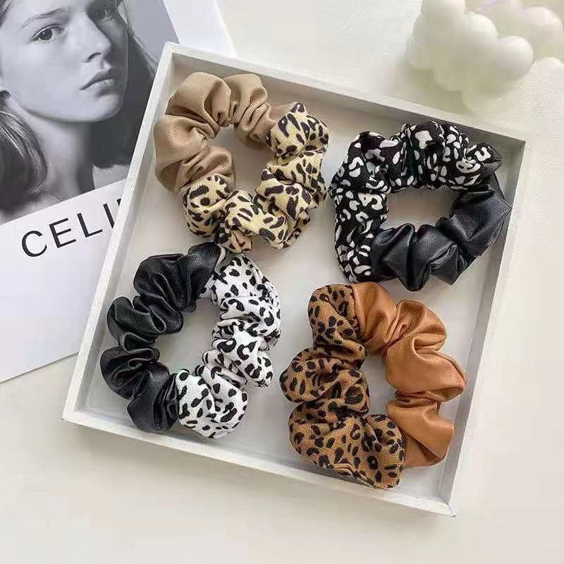 Leopard Print Leather Stitching New Color Block Large Intestine Hair Ring - Minihomy