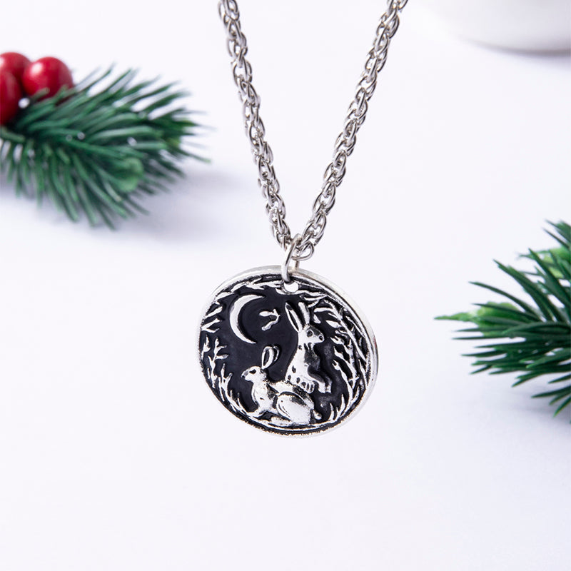 Cute Moon Rabbit Grass Antique Silver Pendant Necklace - Minihomy