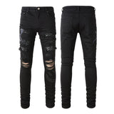 Men's Patchwork Jeans with Broken Three-Headed Snake Embroidery - Minihomy