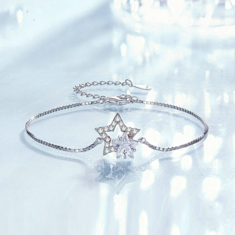 Double Circles Star S925 Sterling Silver White Gold Plated Five-pointed Star Ornament Bracelet - Minihomy