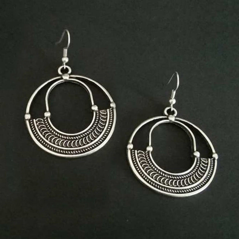 Geometric Round Hollow Antique Silver Earrings: European & American Trend - Minihomy