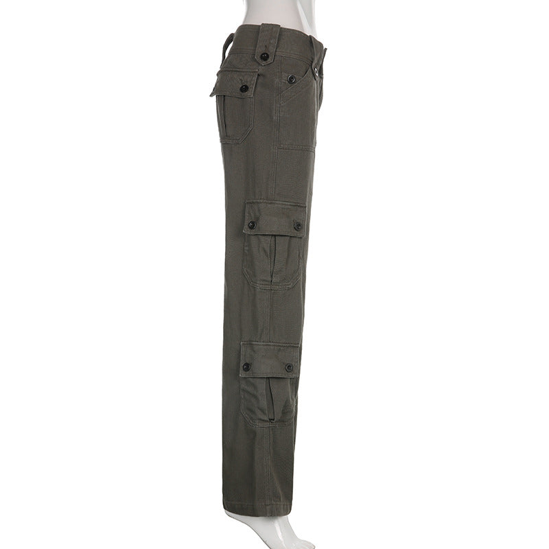 Low-Rise Multi-Pocket Pressed Loose Cargo Pants - Minihomy