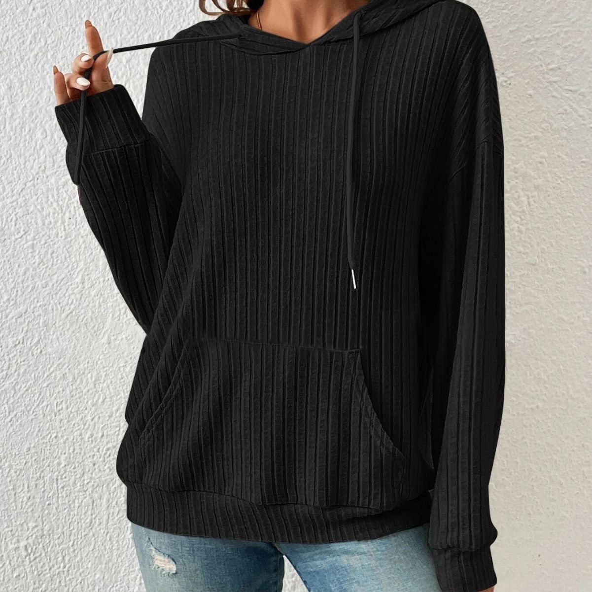 Women's Long Sleeve Hoodie Sweatshirt - Drawstring, Pockets, Sunken Stripe, Knitwear