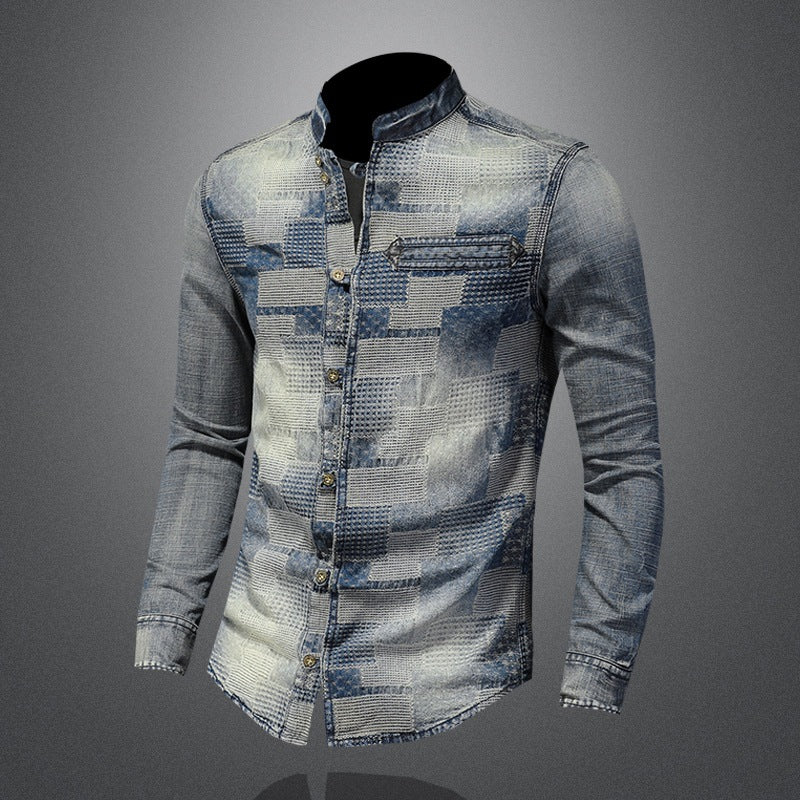 Retro Color Personality Patch Denim Punk Shirt Men