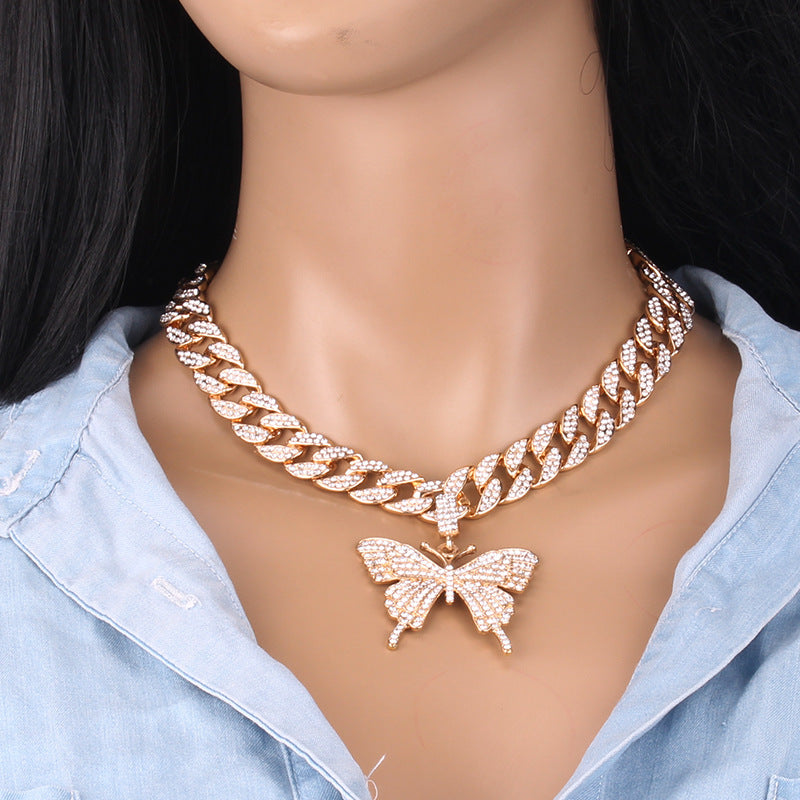 Hip Hop Trend Ins Style Diamond Butterfly Cuban Pull Daikin Clavicle Chain - Minihomy