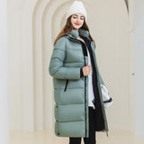 Women's Long Winter Hooded Coat - Warm Cotton Jacket with Pockets