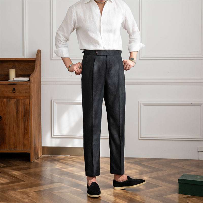 Men's Linen Straight Leg Pants High Waist Trousers Light Casual - Minihomy