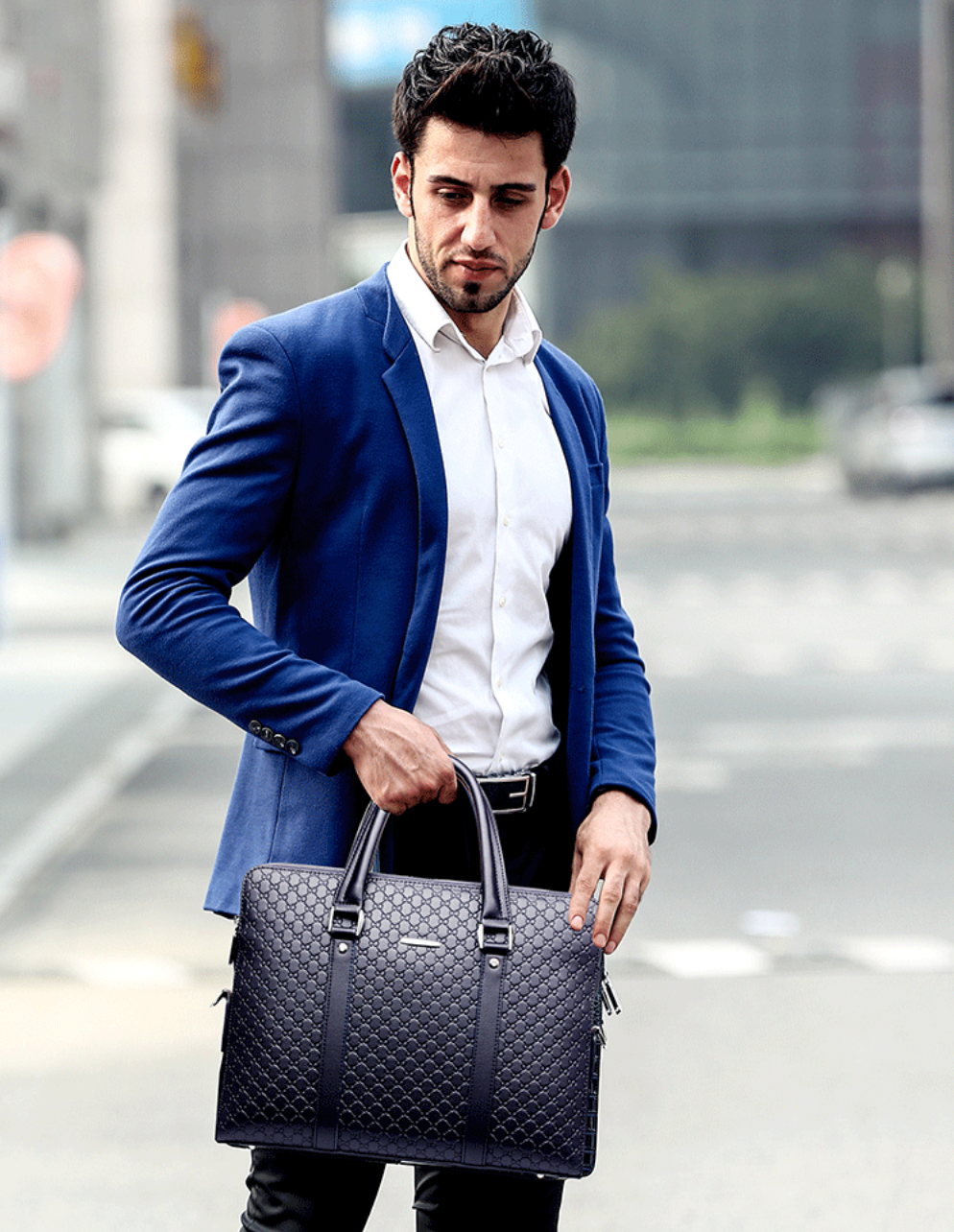 Men bag handbag leather business briefcase embossed letters - Minihomy